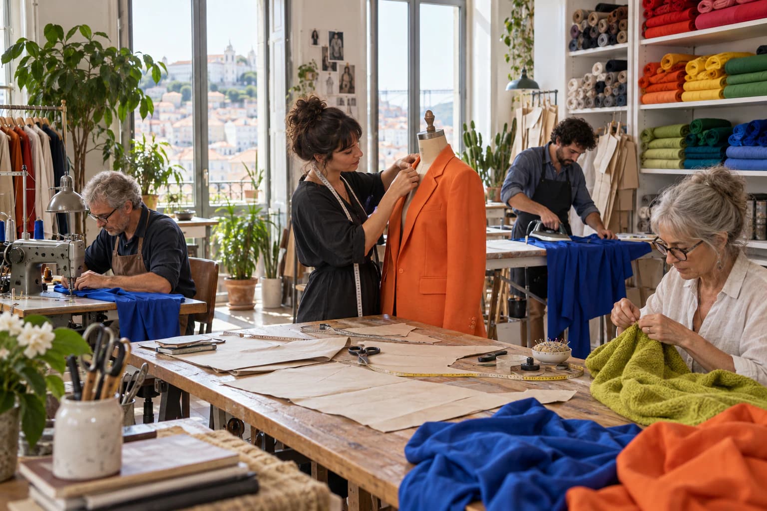 Artisans sewing colourful garments in a bright atelier with rainbow shelves of fabric