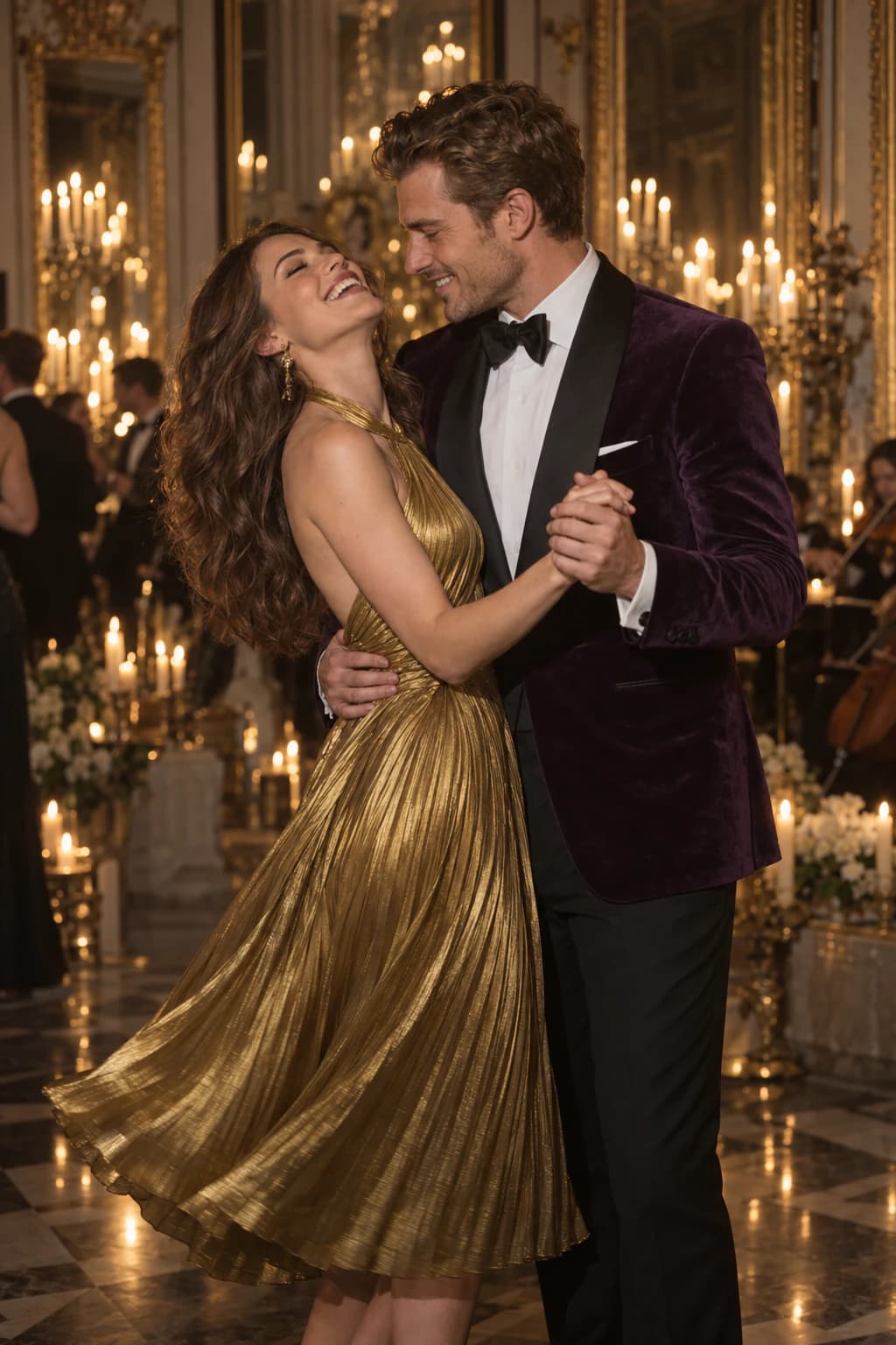 Couple dancing in a candlelit ballroom in a gold lame dress and an aubergine velvet tuxedo
