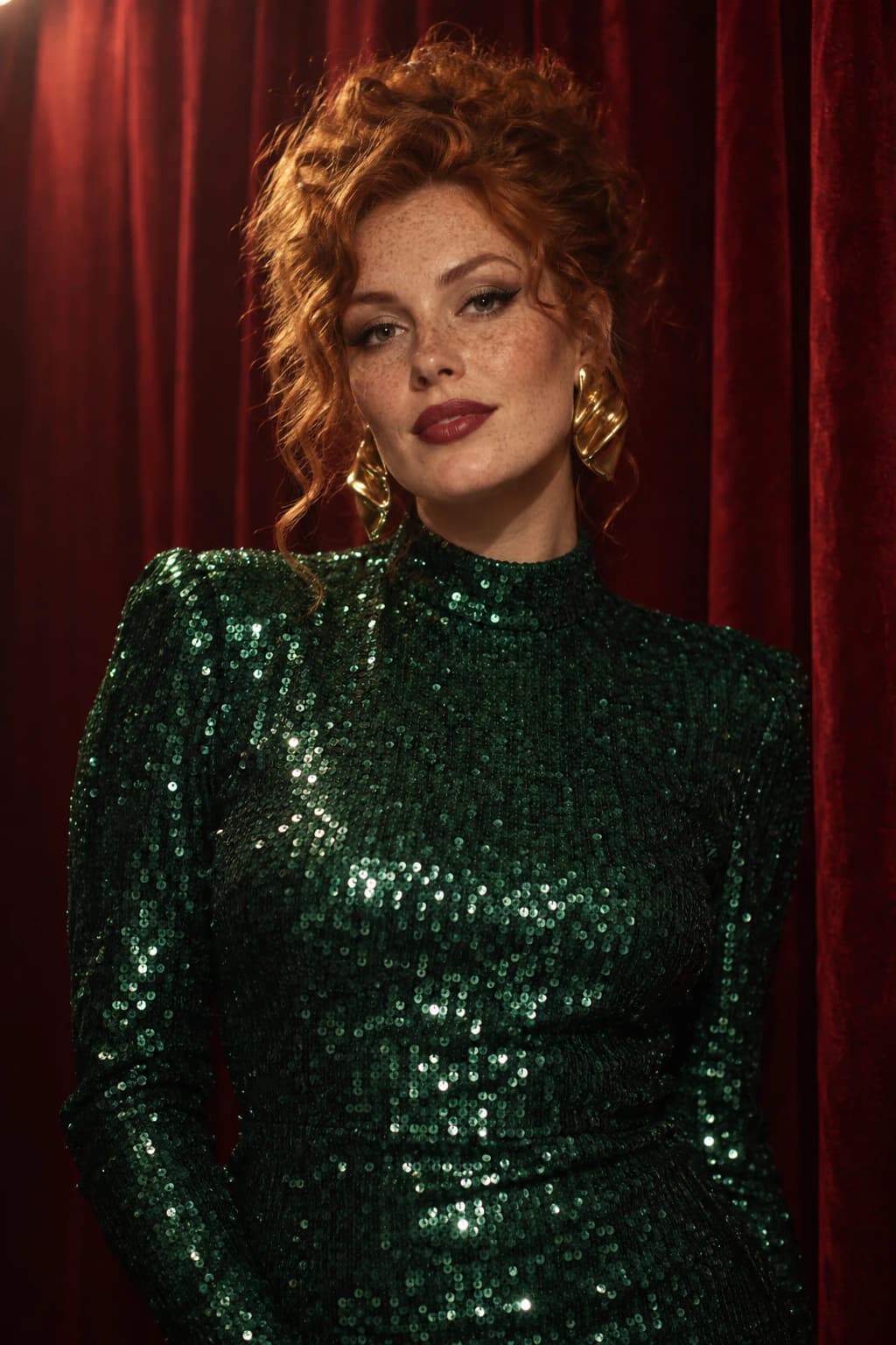 Portrait of a red-haired model in emerald sequins lit by a single spotlight before a red velvet curtain