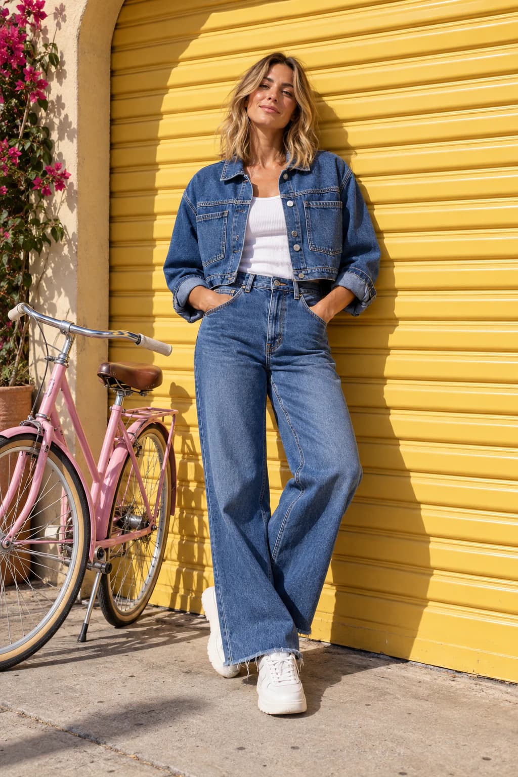 Model in a bright indigo denim jacket and wide-leg jeans against a butter-yellow roller door