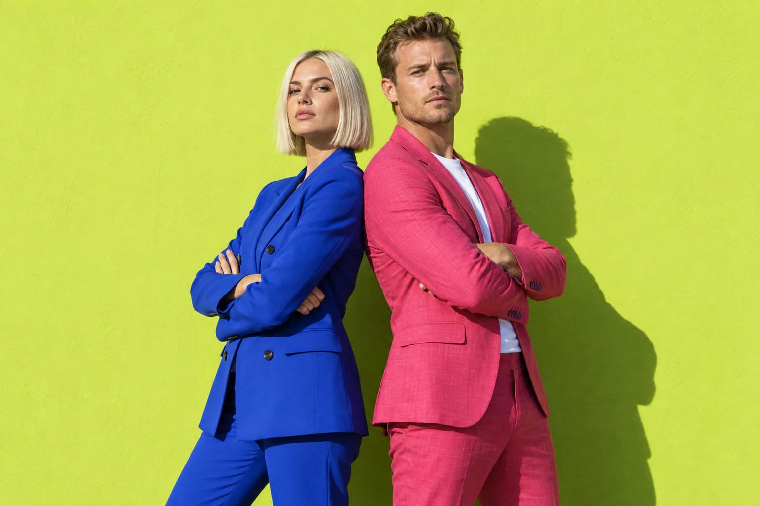 Two models back to back in a cobalt suit and a fuchsia suit against a chartreuse wall