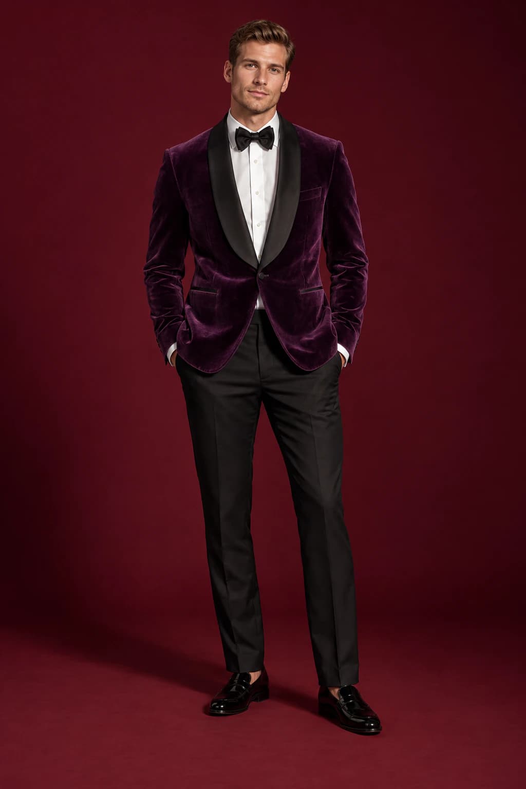 Male model in an aubergine velvet tuxedo jacket with a black satin lapel on a burgundy backdrop