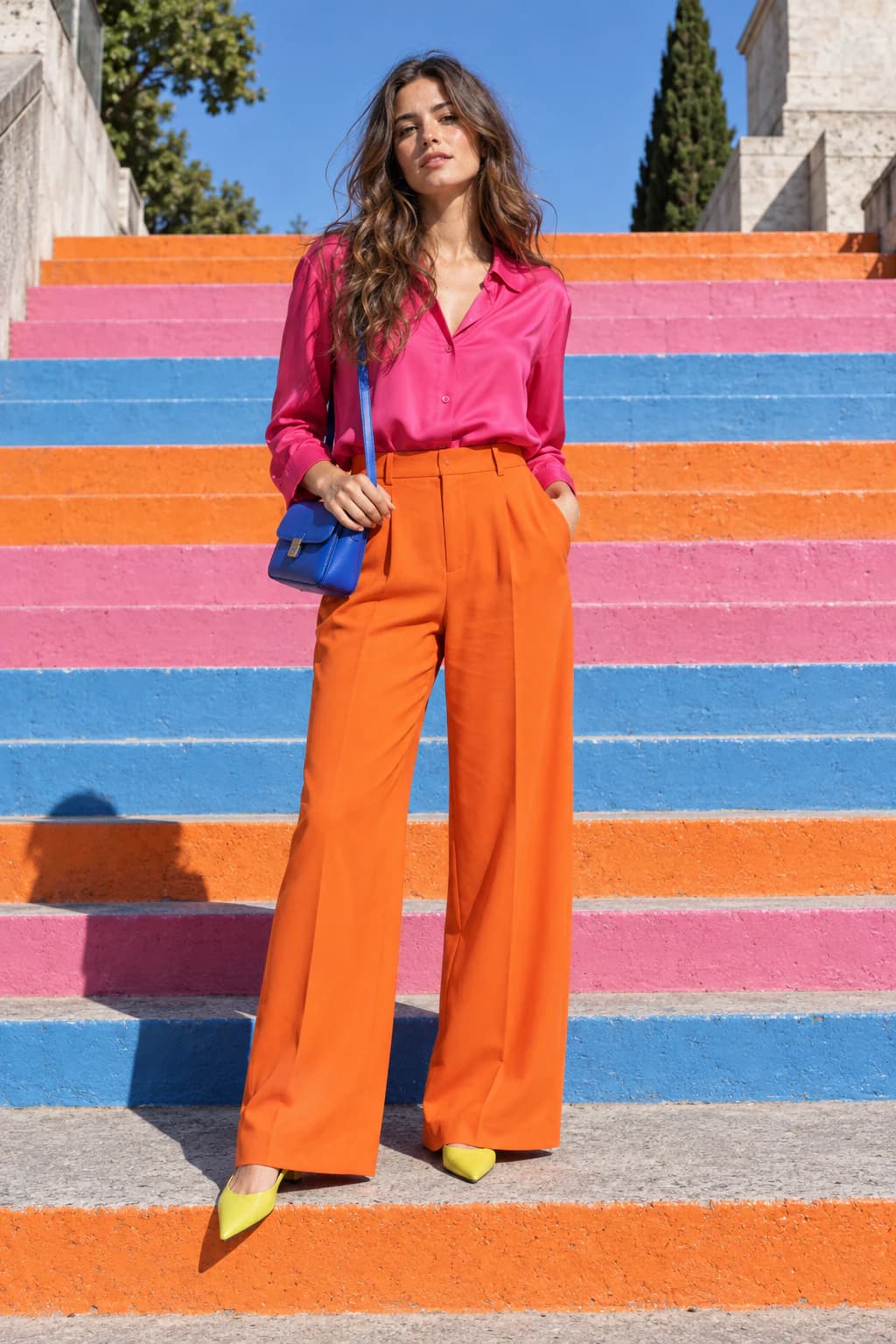 Model in a colour-blocked outfit on outdoor steps painted in bold stripes