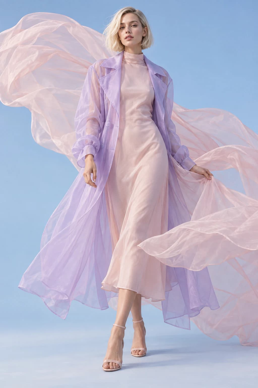 Model in layered sheer lilac and blush organza against a sky-blue backdrop